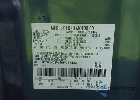 2006 Ford F-150 Xlt z USA, uszkodzony, nr VIN 1FTRW02W46KC37823